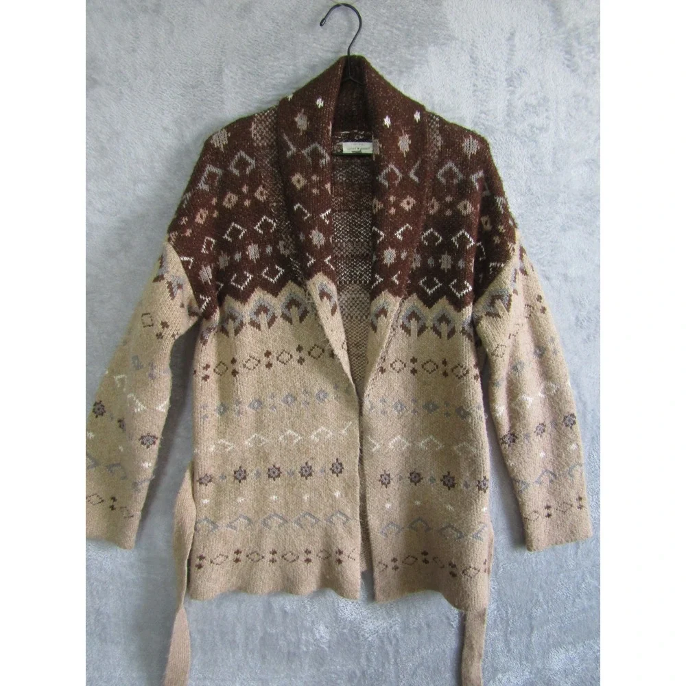 Lucky Brand Womens M Brown Tan Fair Isle Shawl Collar Belted Cardigan Sweater - Picture 2 of 9